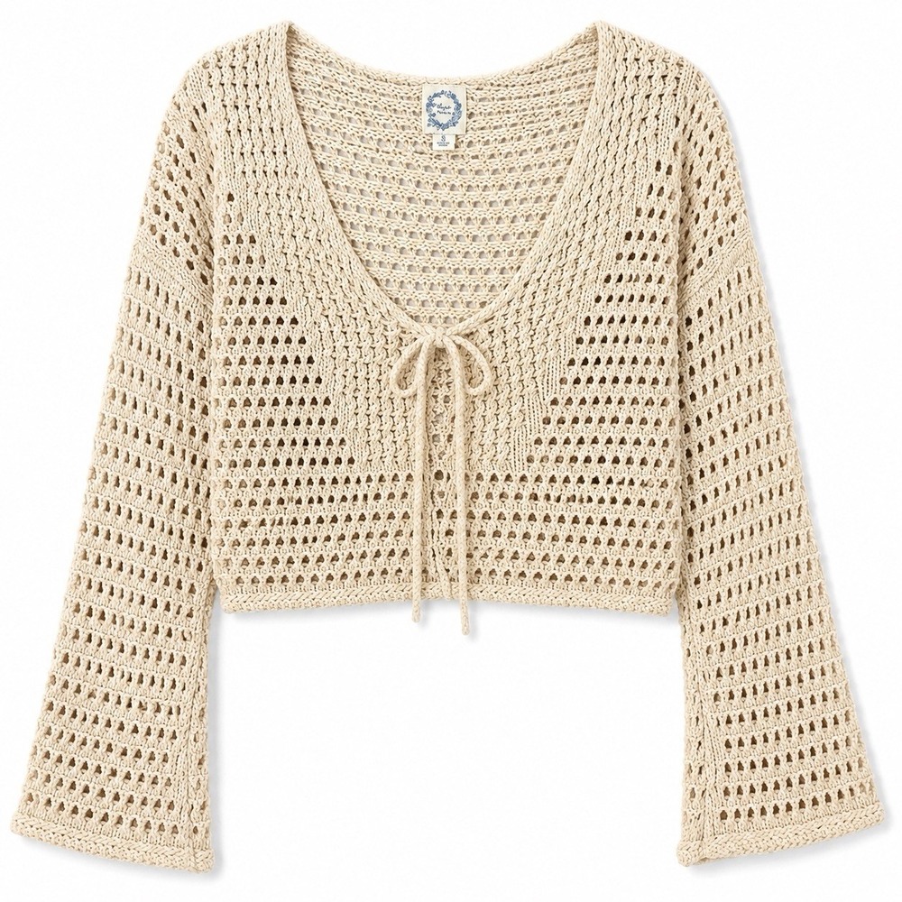 Blue Rain Long Sleeve Open Knit Sweater Small Cream Bell Sleeve Crop Boho